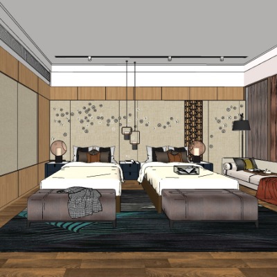  现代酒店双床客房su模型下载 