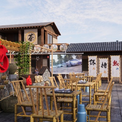  新中式乡村庭院 乡村农家乐 酒文化庭院 户外老茶馆 竹制桌椅 院落su模型下载 