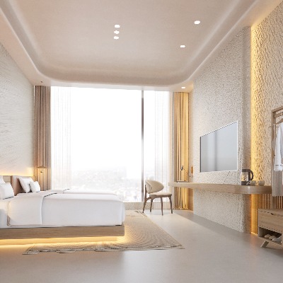  现代奶油风酒店客房su模型下载 