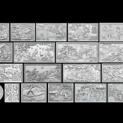  中式浮雕景墙 石雕 砖雕 壁刻画 雕花su模型下载 