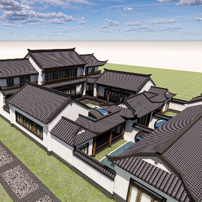  中式四合院建筑外观su模型下载 