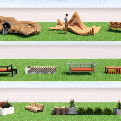  现代异形防腐木公用椅su模型下载 