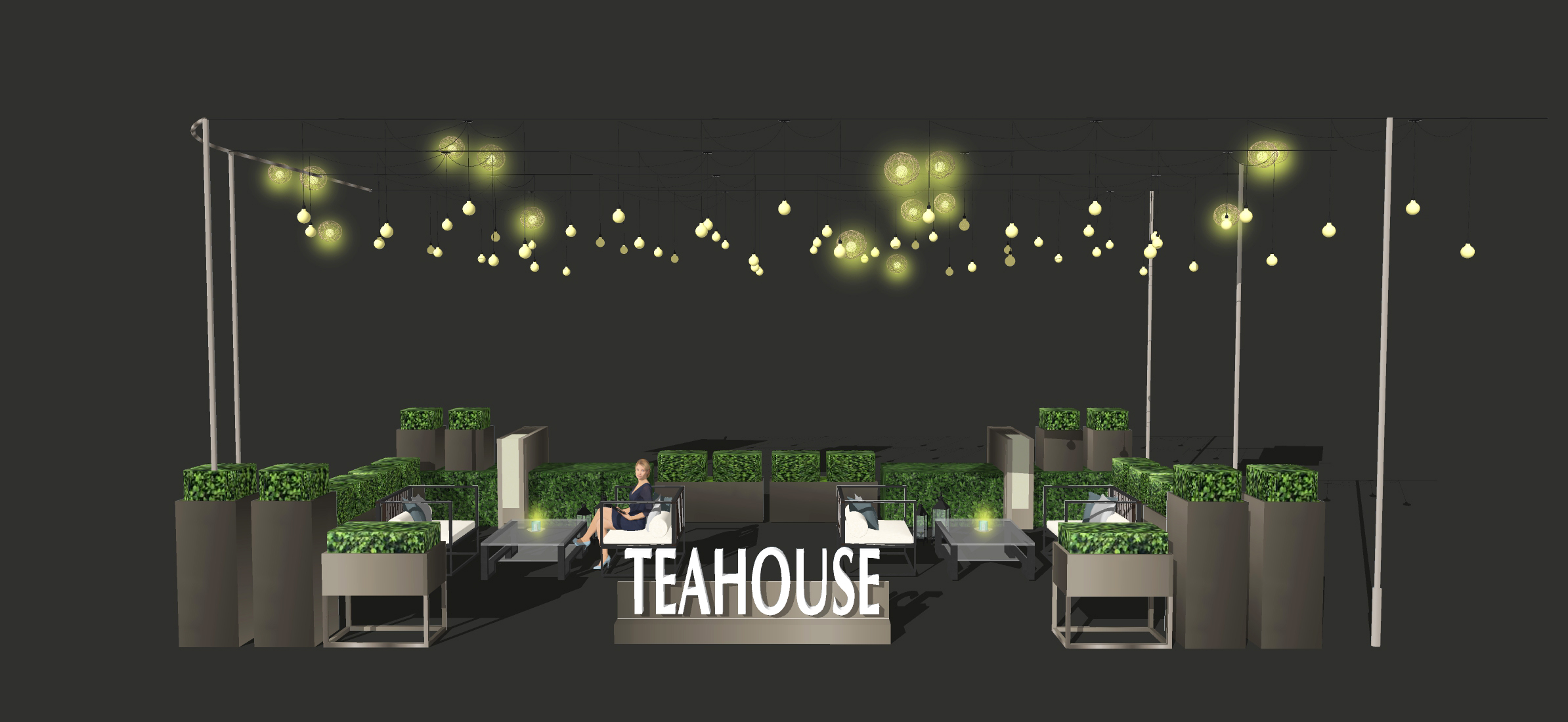  现代商业街外摆景观 氛围灯 灯串 户外座椅 花箱su模型下载 