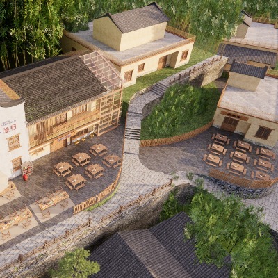  现代美丽乡村 民宿建筑 乡村庭院 民宿商业街su模型下载 