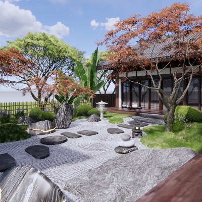  日式禅意枯山水庭院花园su模型下载 