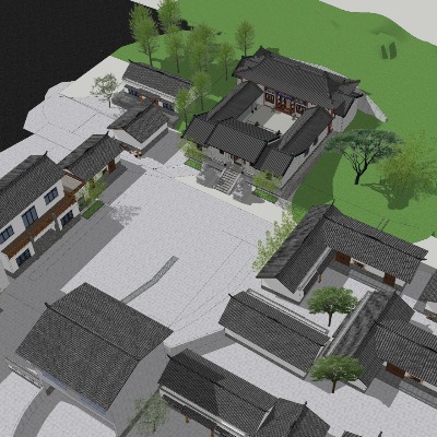  中式四合院鸟瞰su模型下载 