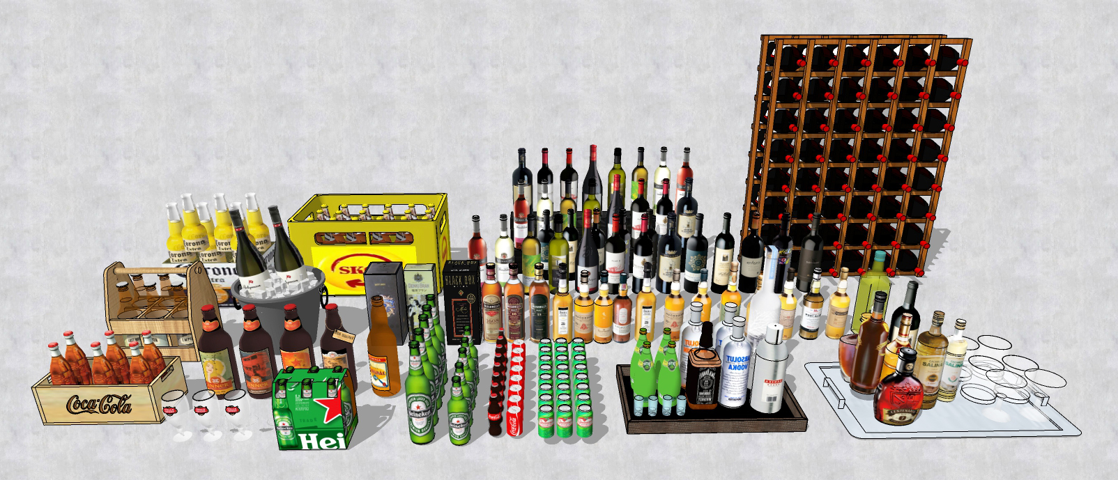  现代酒瓶酒杯组合 酒水饮料su模型下载 