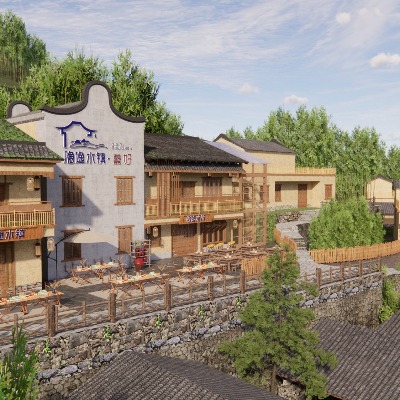  新中式乡村民宿建筑 乡村庭院 民宿商业街 旅游小镇su模型下载 