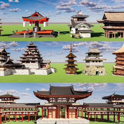  日式古建楼台外观su模型下载 