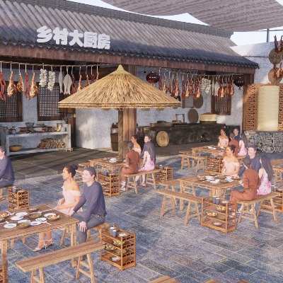  现代乡村美食街 农村坝坝宴 腊肉香肠 乡村农家乐su模型下载 