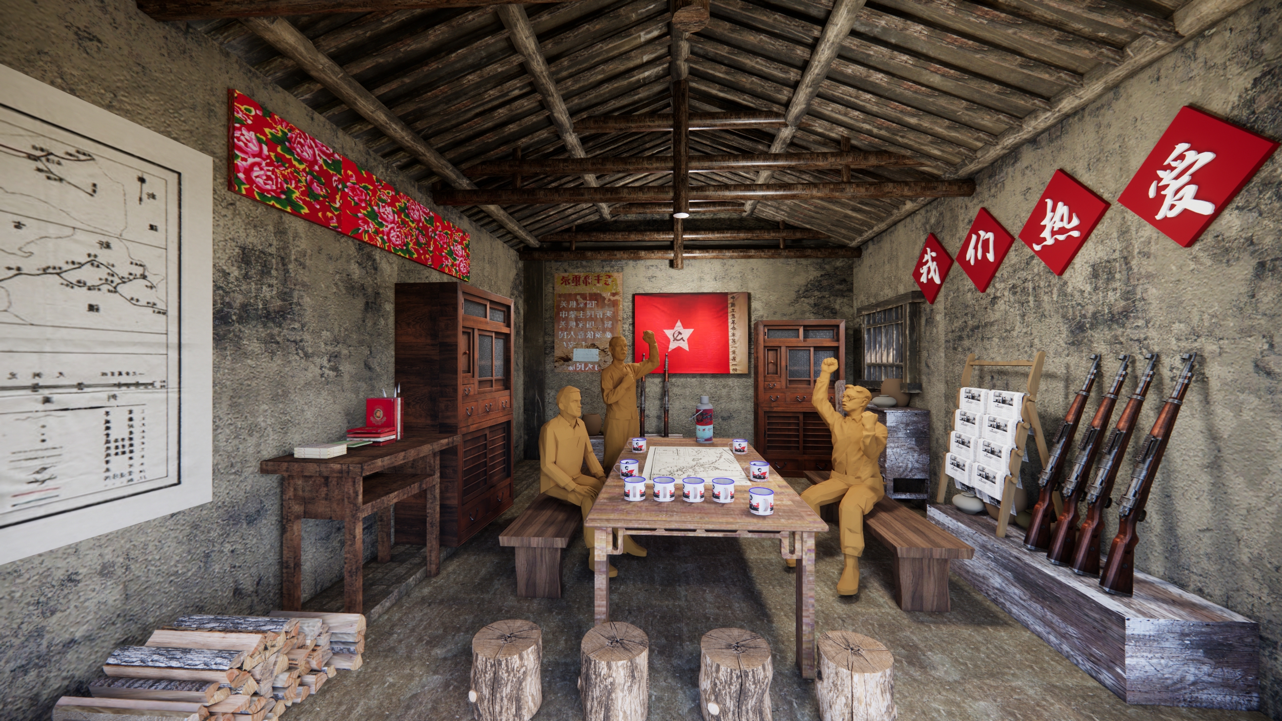  中式乡村抗战指挥部 抗战博物馆 复古休息室展厅 红色展览馆 历史博物馆su模型下载 