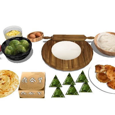  手抓饼 粽子 煎饺 面 食物su模型下载 