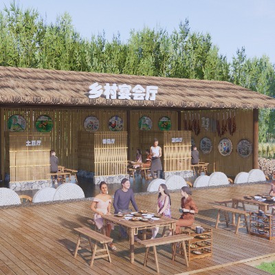  新中式园林式火锅餐厅 乡村茅草屋 生态餐饮建筑 su模型下载 