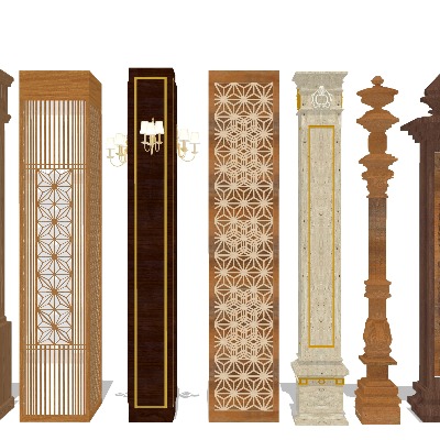  中式镂空柱子 实木雕花柱su模型下载 