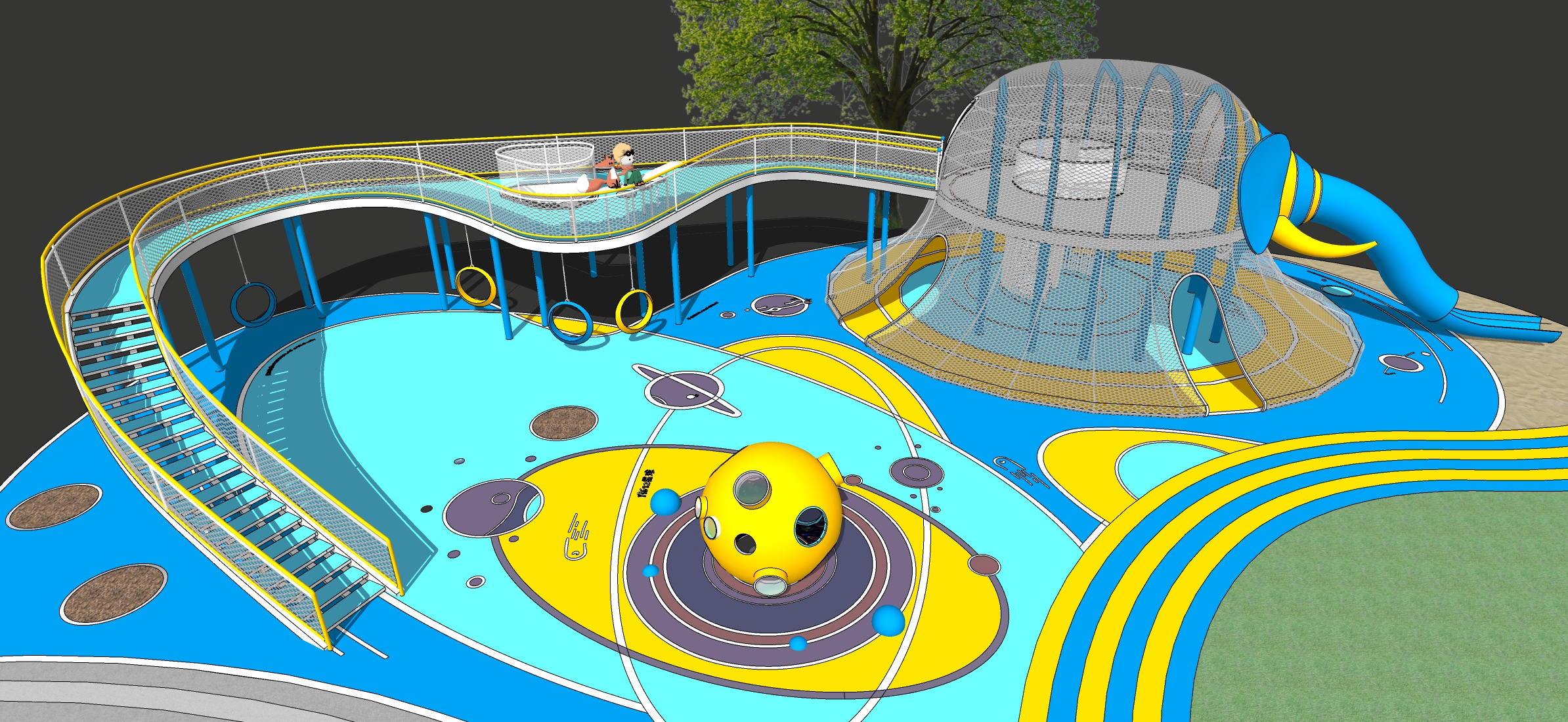  现代儿童活动区 大象滑梯 星空球 景观桥su模型下载 