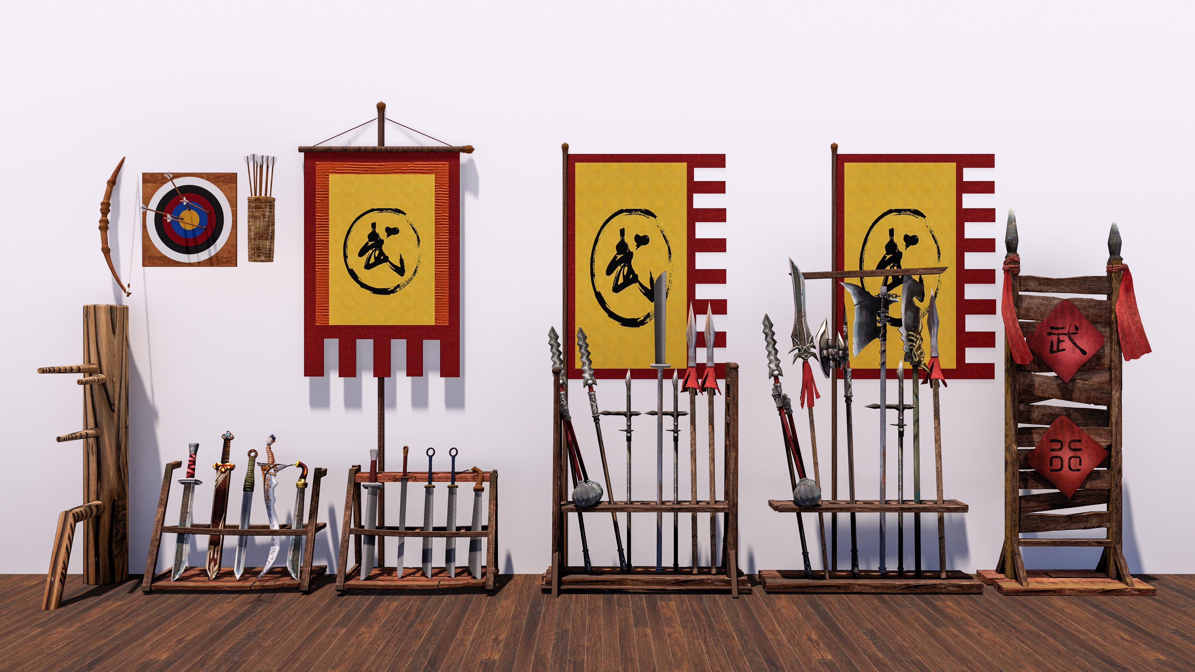  中式军事器材 冷兵器 刀 枪 宝剑 戟 斧头 弓箭 靶心 木桩su模型下载 