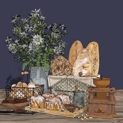  现代鸡蛋面包食物su模型下载 