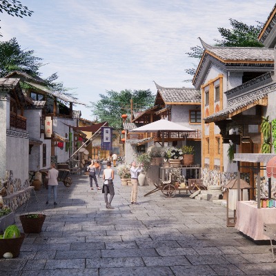  新中式乡村商业街 旅游小镇 乡村田园民宿 民居改造su模型下载 