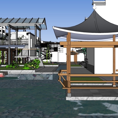  中式民俗小镇规划su模型下载 