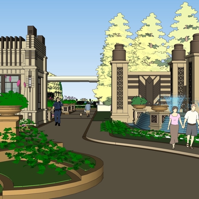 新古典小区入口su模型下载