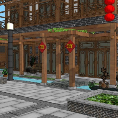  中式古建商业街su模型下载 