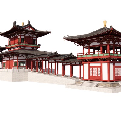  中式连廊古建外观su模型下载 