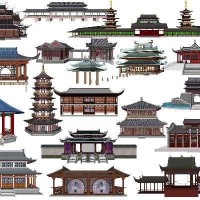  中式古建亭台楼阁su模型下载 