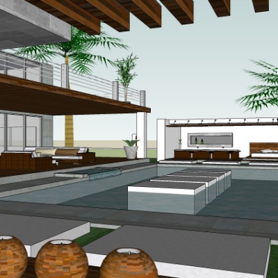  现代滨海别墅庭院景观su模型下载 