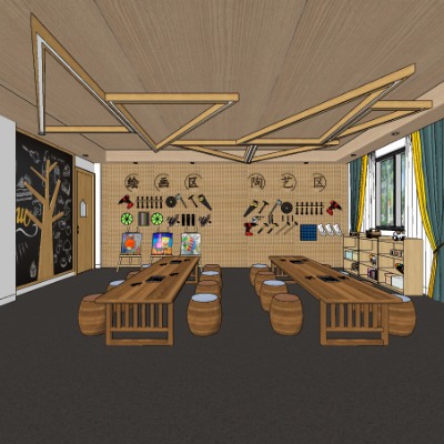  现代幼儿园美工室教室su模型下载 