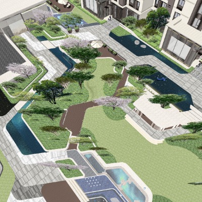  现代住宅小区鸟瞰su模型下载 