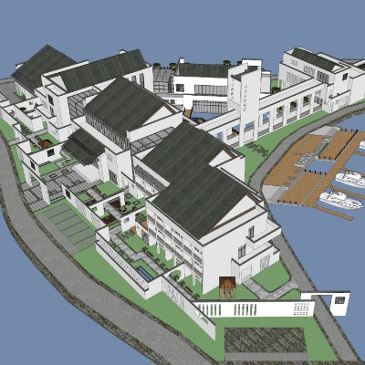  新中式旅游小镇鸟瞰su模型下载 