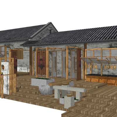  中式古建农家乐外观su模型下载 