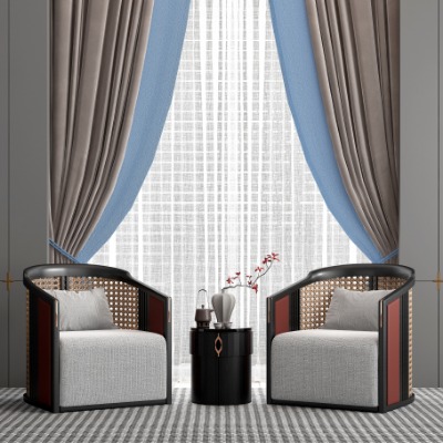  新中式藤编休闲沙发su模型下载 