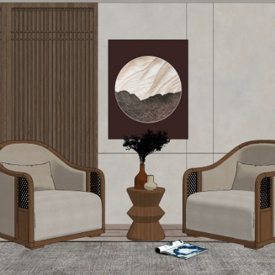  新中式布艺休闲沙发su模型下载 