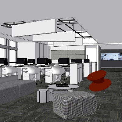  现代敞开式办公区su模型下载 
