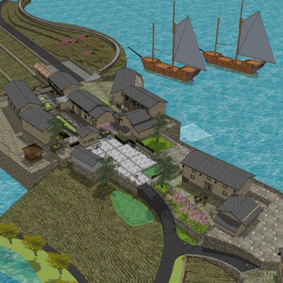  中式海滨村落鸟瞰su模型下载 