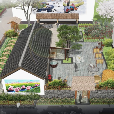  新中式农家院鸟瞰规划su模型下载 