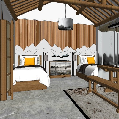  新中式酒店双床客房su模型下载 