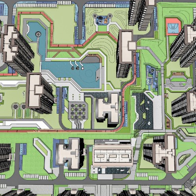  现代住宅小区鸟瞰su模型下载 