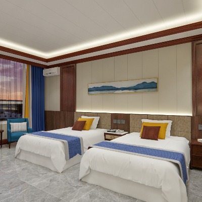  新中式酒店双床客房su模型下载 