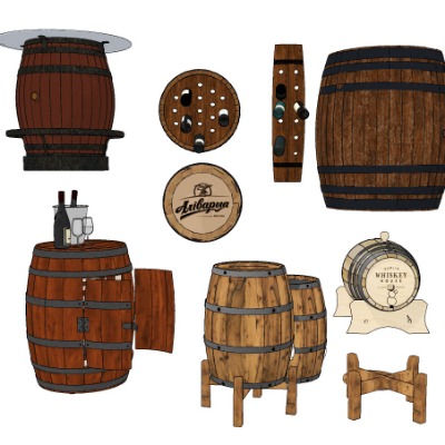  工业风木桶红酒桶su模型下载 