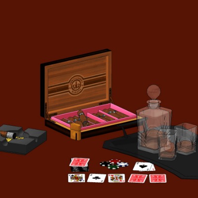  现代雪茄洋酒扑克牌su模型下载 