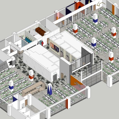  现代公共办公区su模型下载 