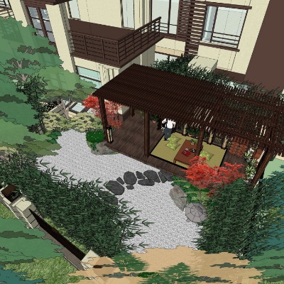  日式庭院景观su模型下载 