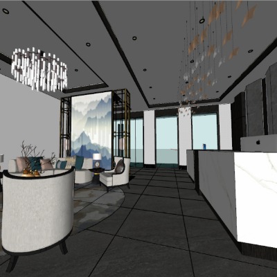  新中式酒店前台su模型下载 