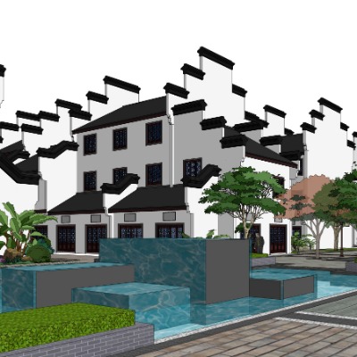  新中式商业步行街su模型下载 