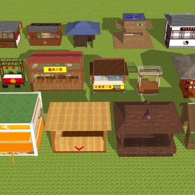  新中式移动摊位售卖亭su模型下载 