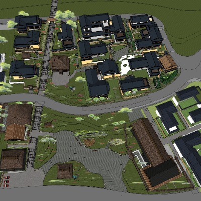  中式古建度假村鸟瞰su模型下载 