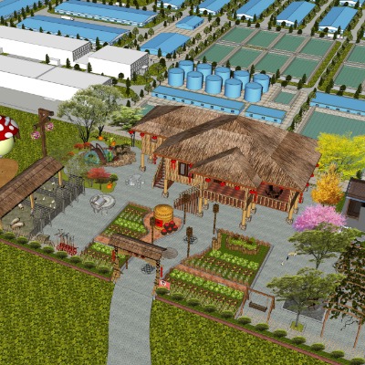 自然风田园乡村农家乐鸟瞰su模型下载 