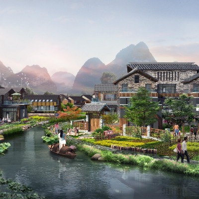  中式田园度假小镇su模型下载 